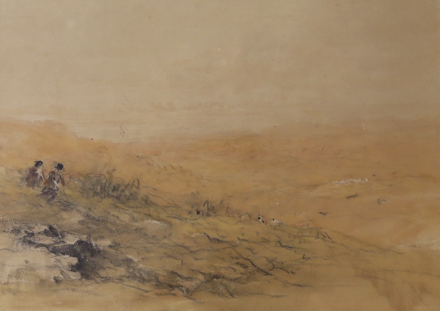 David Cox Snr (1783-1859), watercolour and black chalk, Shepherds running down a Welsh Hillside, John Phillips label verso, 34 x 35cm
